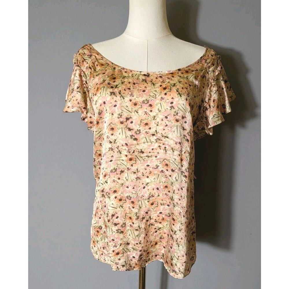 Banana Republic 100% Silk Floral Poppy Flutter Sleeve Blouse Pink Romantic Top S